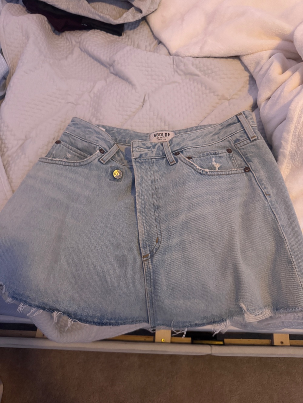 Agolde Light Wash Denim Mini Skirt with Raw Hem